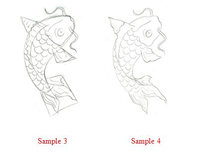 Sample 5 shows the koi fish drawn in fine line pen koi fish drawing